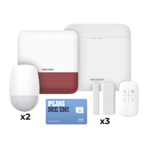 (AX PRO) KIT de Alarma AX PRO con GSM (3G/4G) / Incluye: 1 Hub / 2 Sensores PIR / 3 Contactos Magnéticos mini / 1 Control Remoto / 1 Sirena Roja Inalambrica Exterior  / 1 WiFi / 1 MICROSIM30M2M con 1 mes de servicio/Compatible con Hik-Connect P2P