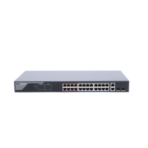 Switch Monitoreable PoE+ / 24 Puertos 100 Mbps PoE+ / 2 Puertos 1000 Mbps + 2 Puertos SFP de Uplink / PoE hasta 250 Metros / Conexión Remota desde Hik-PartnerPro / 370 Watts